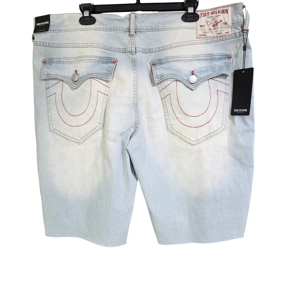 True Religion Ricky Relaxed Straight Denim Shorts Mens 40 Light Blue  Red Stitch